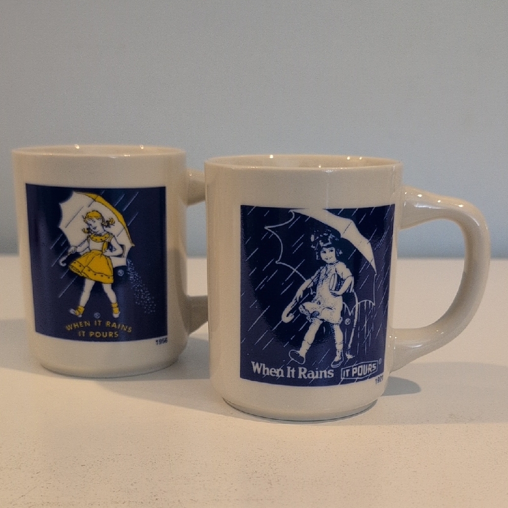 Vintage Pair Of Milton Salt Ceramic 8 oz When It Rains It Pours Advertising Mugs